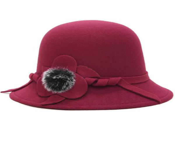 

stingy brim hats ht1830 autumn winter for women ladies wool felt casual flower fur ball formal fedoras female bucket bowler hat6893484, Blue;gray