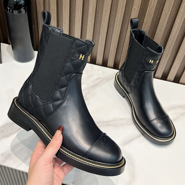 

womens ankle knee boots designer calfskin chunky heels quilted texture hardware matelasse with zipper stretch knight rainboots motorcycle bo, Black