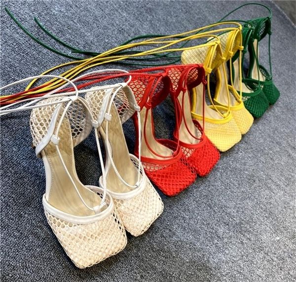 

women sandals hollow breathable mesh square toe stiletto high heels women ankle laceup elegant dress shoes large size 43 pumps 229695004, Black