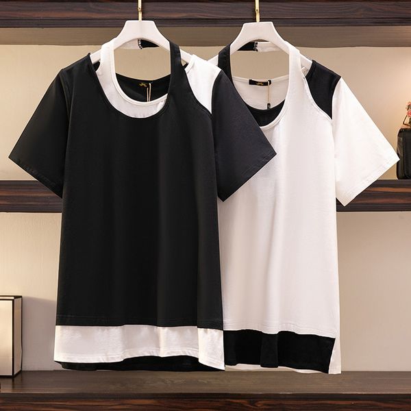 

women's plus size tshirt 150kg bust 152 contrast stitching summer loose shortsleeved fake twopiece 5xl 6xl 7xl 8xl 9xl 230905, Black