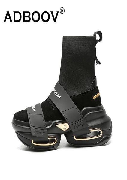 

adboov 202 new fashion high sneakers women thick sole platform casual shoes ladies genuine leather slip on sock boots f 2103229731994, Black;white