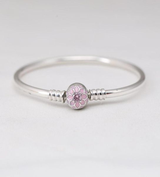

925 sterling silver magnolia b charm clasp bangle bracelets pale cerise enamel pink cz fit lady beads pendants8645438, Golden;silver