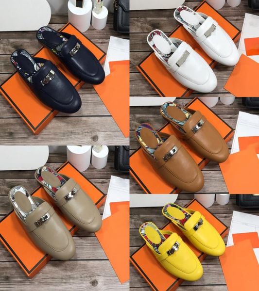 

designer slippers genuine leather oz mules sandals princetown kelly metal chain shoe luxury women loafers odile skin lady slipper size 34-42, Black
