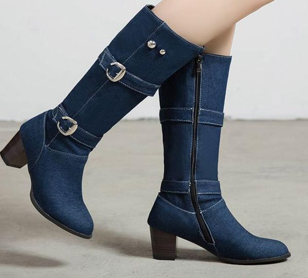 

jean boots women039s long tube short boot winter high heel denim boot lady stylish jeans boots buckle strap shoes cowboy2889633, Black