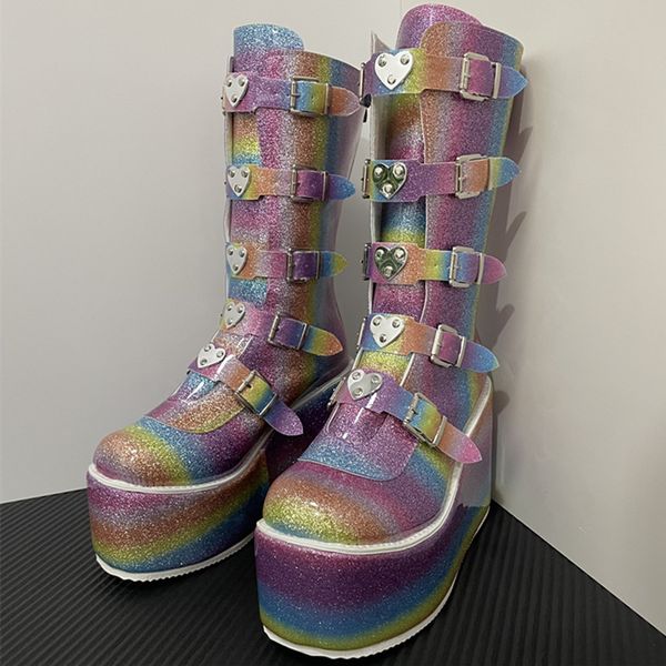 

design big size 43 black cool punk motorcycles boots female platform wedges high heels calf boots women shoes for girls shoes