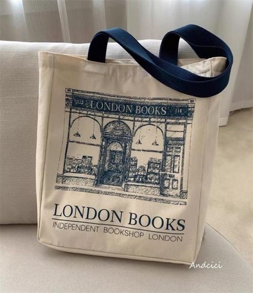 

women canvas shoulder bag london books print ladies casual handbag tote bag reusable large capacity cotton shopping beach bag 22062933319