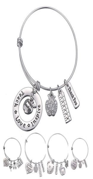 

love inspire teach white crystal apple ruler bracelet stainless steel pendant bangle jewelry gift teacher friend dlh2045230739, Golden;silver