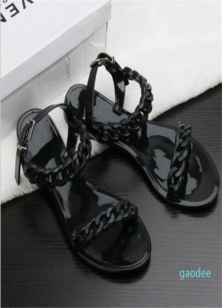 

2021 summer plastic chain beach shoes candy color jelly sandals flat bottomed out fashion12929302380005, Black
