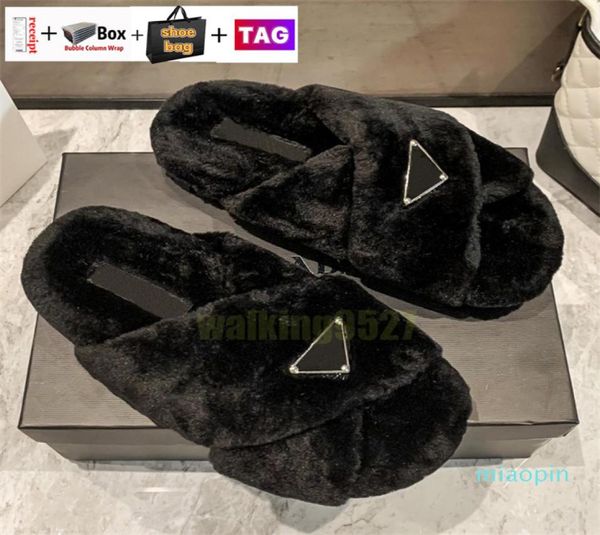 

luxury wool slides designer slippers soft warm fur enameled triangle crossover fashion women shoes black white begin with original1602642