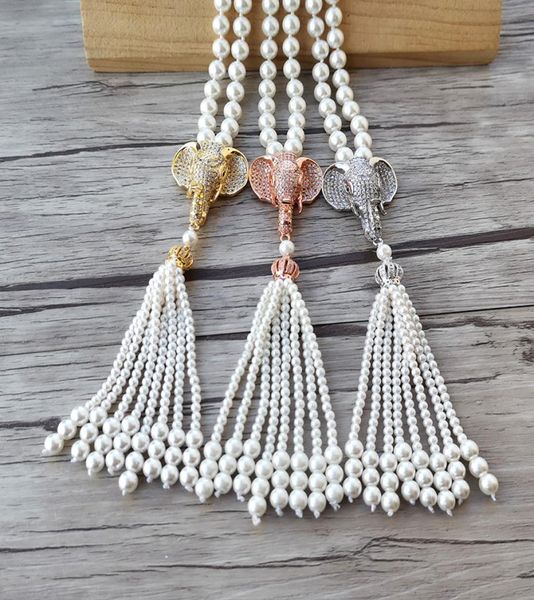 

elephant head charm pendant cz zircon micro pave connectornatural shell pearl beads chain tassels women jewelry necklace nk5362830270, Silver