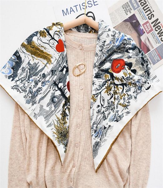 

manual hand rolled twill silk scarf women forest heartshaped square scarves echarpes foulards femme wrap bandana hijab 90cm90cm6516403, Blue;gray