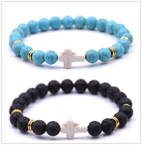 

fashion 8mm black lava stone turquoise bead cross bracelet essential oil diffuser bracelet for women men jewelry1469790