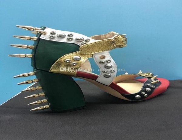 

real po runway spikes rivets chunky thick heel leather sandals strange style high heels sandals womens shoes summer dre4385363, Black