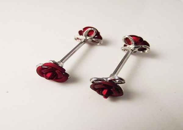 

2 piece crystal nipple ring rose flower nipple shield rings body piercing jewelry double red flower women gift4620013, Silver