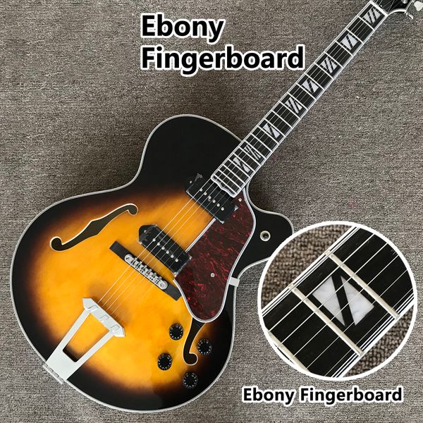 

custom shop, hollow body jazz electric guitar, chrome hardware, p90 adapterization, ebony fingerboard, ing