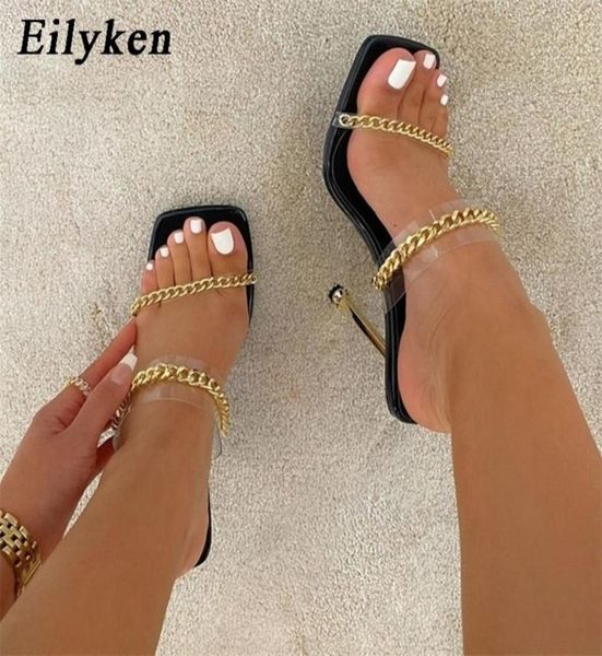 

eilyken summer fashion chain decoration pvc transparent strap ladies slippers square toe sandals women stiletto high heels shoes 28508208, Black
