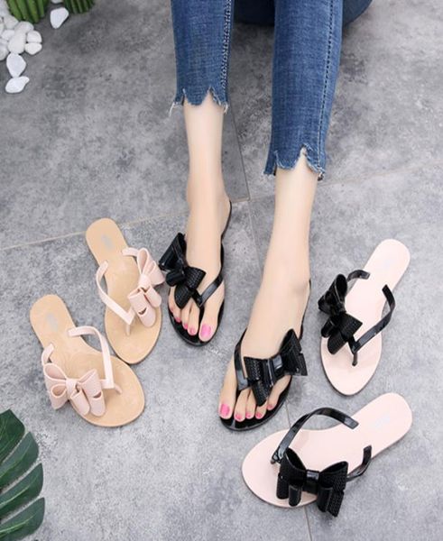 

side double-layer large bow pinch flip-flops flat bottom beach shoes jelly shoes sandals9225143, Black