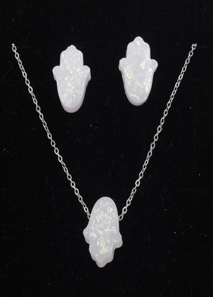 

fnixtar fire blue opal hamsa hand jewelry sets for women necklace pendant stud earrings op jewelry set gift 3 set lot3314709, Silver