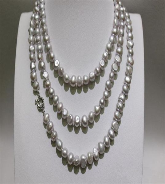 

handmade gray long necklace baroque fresh water pearl necklace 7x9mm 137cm fashion jewelry24921804935, Silver
