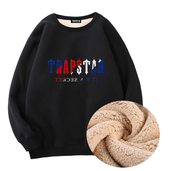

trendy brand trapstar winter plush thickened lamb cashmere hooded jacket sports fleece sweater men and women hoodie sweatshirt tr wy739, Black
