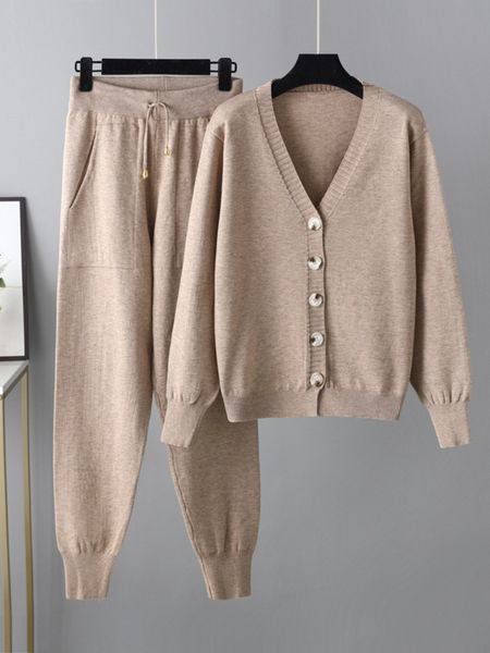 

women s two piece pants 2023 autumn winter v neck knitted sweater cardigan set office solid color 230906, White