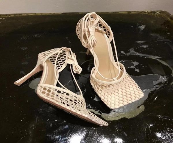 

2021 fishnet sandals women high heels lace up square toe hollow summer shoes stiletto pumps 11082596, Black