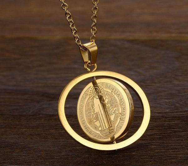 

san benito medal pendant gold color stainless steel rotatable jesus pendants necklaces for religious jewelry medallion ma039l4995375, Silver