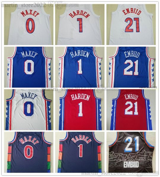 

100% stitched basketball jerseys james 1 harden joel 21 embiid tyrese 0 maxey 2023-24 team white blue red all embroidery, Black;red