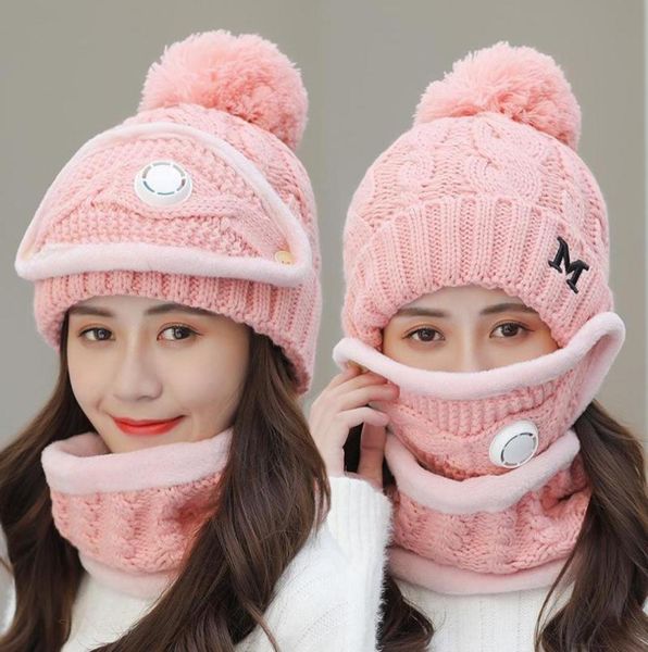 

winter cycling hat women 3 piece warm wool beanies skullies hats with mask collar bib female velvet thick antismog knit caps9678597579054, Blue;gray