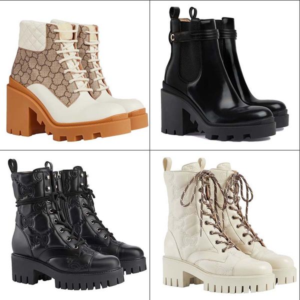 

designer boots autumn and winter new women's round head old flower thick heel high heel boots printed lace up thick high heel leather a, Black