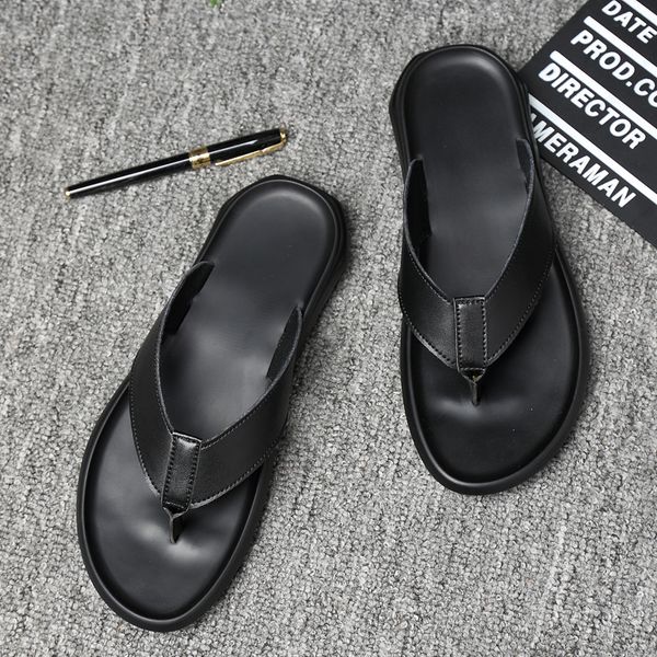 

2024 quality men's shoes flip-flops summer flats leather leather beach sandals flip-flops fashion non-slip men's slippers size 38-, Black