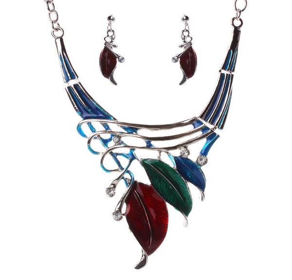 

leaf style alloy enamel necklace earrings set 5 colors leaves womens statement necklaces jewelry sets boho holiday9763216, Silver