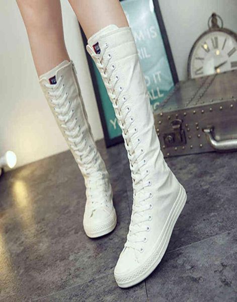 

boots autumn women shoes casual canvas high long laceup zipper comfort flat white sneakers kneehigh boot 12032873944, Black
