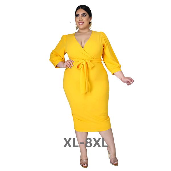 

plus size dresses size women elegant pure color vneck bandage midi dress half sleeve casual wholesale drop 3xl 4xl 5xl 6xl 230905, Black