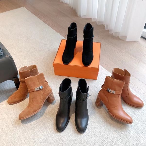 

high-end quality womens boots short boots half knot boots cow leather leather outsole metal buckle thick high heel about 5cm size 35-41, Black
