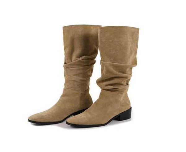 

cavalier boots women039s retro suede thick heel pointed high boots brown fold western cowboy boots71324504342797, Black