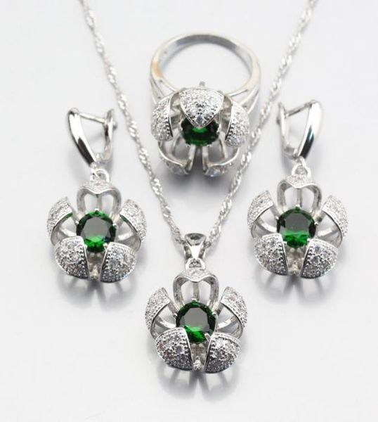 

earrings necklace selling threedimensional silver color green created emerald flower jewelry sets for women ring 678910 js39930748