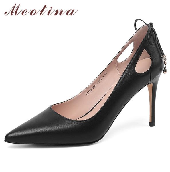 

meotina high heels women shoes natural genuine leather thin high heels shoes real leather cutout pointed toe pumps ladies 3339 215288024, Black
