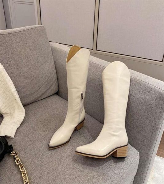 

2022 popular women knee high boots genuine leather pointed toe fashion leisure square heel white zipper winter autumn western cowb1383258, Black