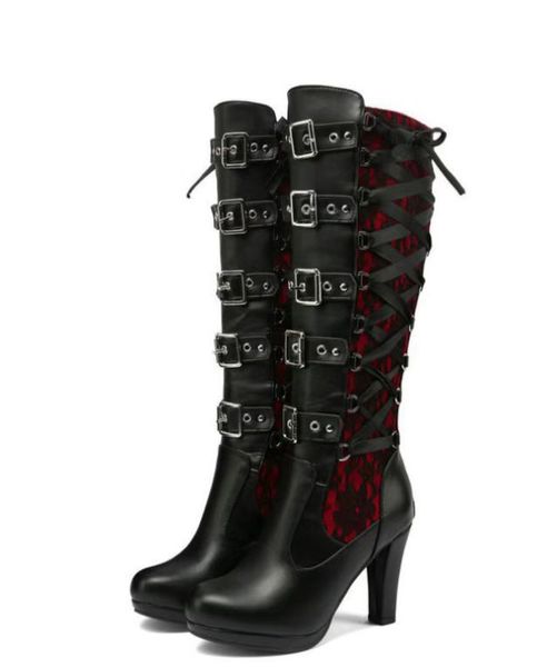 

platform boots women lace up chunky high heel med calf boots narrow band bow knot goth gothic shoes for girls shoes 35-43, Black