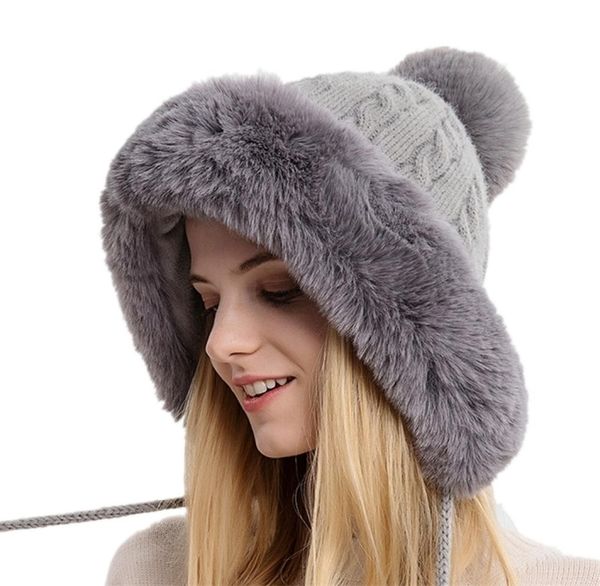 

beanieskull caps winter warm knitted hat fur women hat with earflap two balls lady outdoor thicken plush fluffy cap russian hats 8893520, Blue;gray