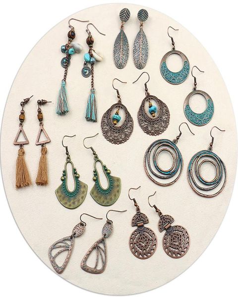 

retro earrings one lot 9 pairs women accessories handmade weave tassel turquoise alloy ethnic style drop dangling earring 2174793, Golden