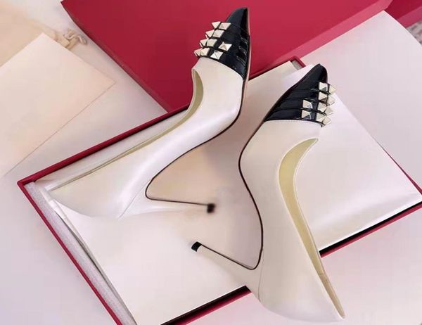 

women wedding dress shoes rock patent high heels pointed toe stud alcove rivets genuine leather gift valentine party pumps brand b2299300, Black