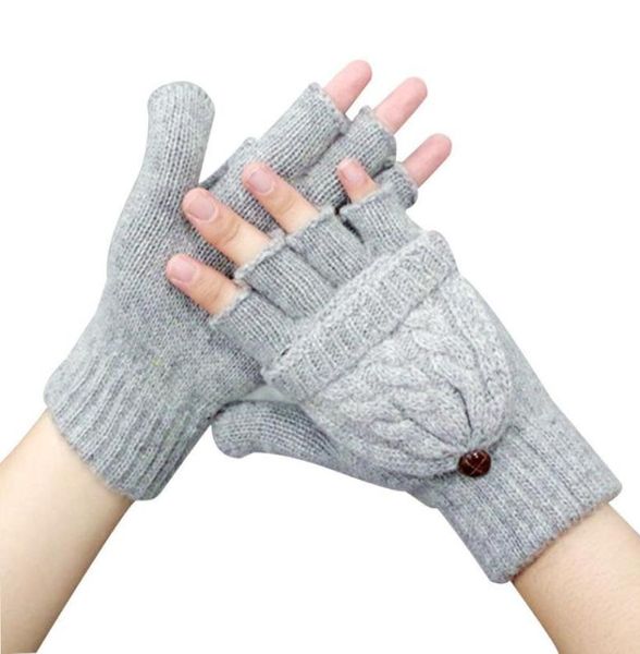 

women thick male fingerless gloves winter exposed finger mittens knitted warm flip half finger5120510, Blue;gray