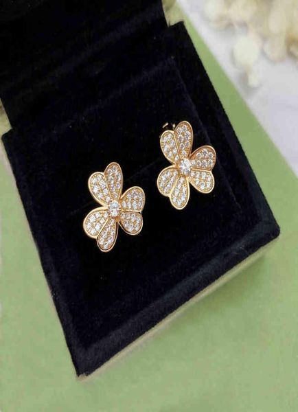 

famous brand pure 925 sterling silver luxury jewelry earrings for women gold color flowers sweet romantic luck clover wedding4922392, Golden;silver