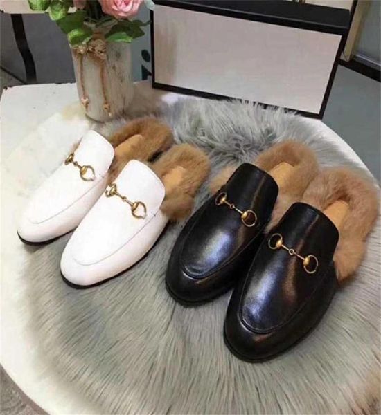 

designer women slippers princetown loafers warm fur slippers classic metal buckle embroidery sandals men leather half slipper patt5245640, Black
