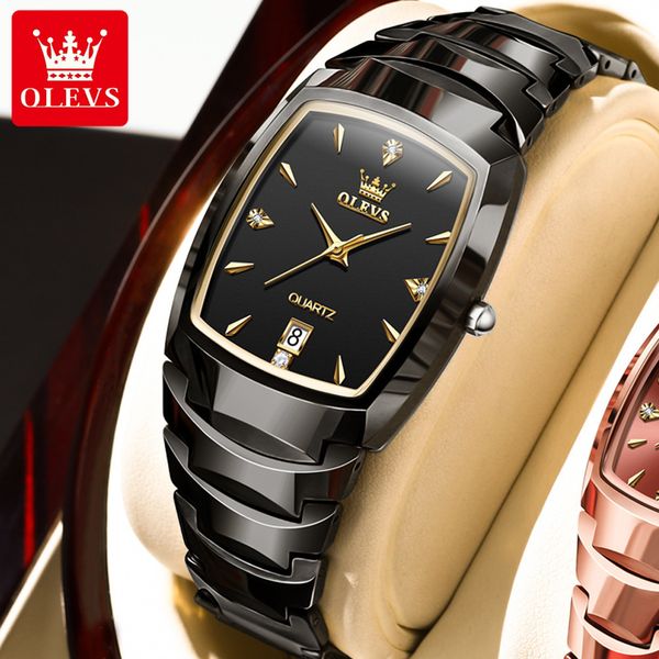 

wristwatches olevs brand fashion tonneau dial desig tungsten steel quartz watch for men sports waterproof calendar luxury mens watches 23090, Slivery;brown