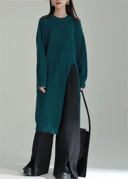 

green patchwork chic knit dresses o neck side open winter, Black