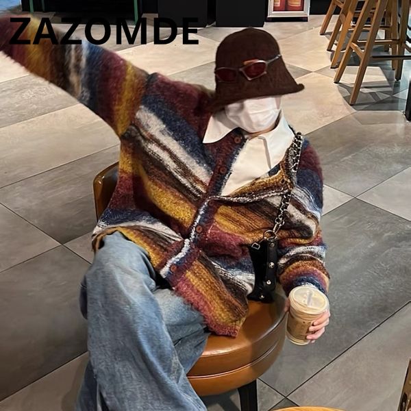 

mens sweaters zazomde winter rainbow color contrast jumper oversize cardigan sweater knitwear men loose high street couple stripe coat 23090, White;black