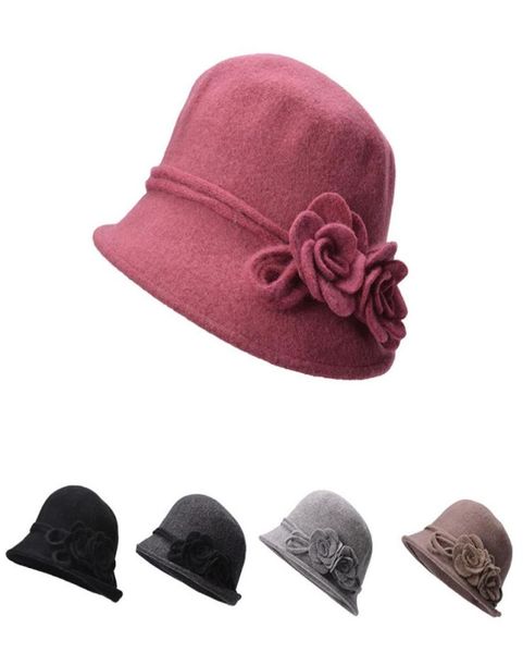 

womens retro wool cloche bucket collapsible soft knit bowler side two flower roll brim hats a4669426699, Blue;gray